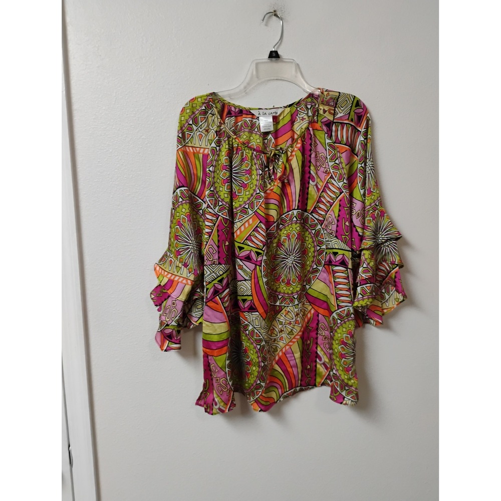 A la Carte Womens Geometric Medallion Print Ruffle Sleeve Blouse Pink Green L